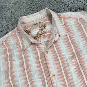 Tommy Bahama Shirt Men's Size XL Pink Striped 100% Linen Long Sleeve Button Up
